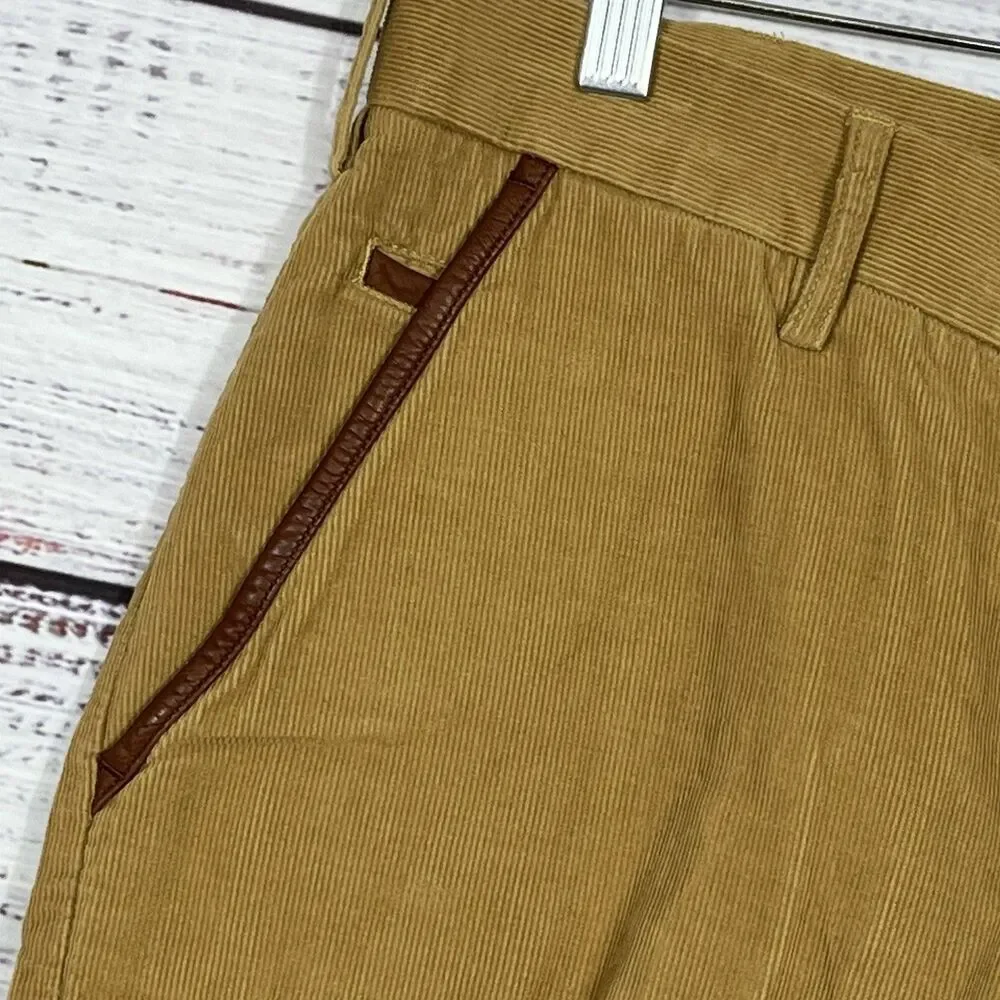 Orvis Corduroy Pants Men's 32 Flat Front Tan Khaki Leather Trim Pockets flap